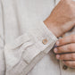 ŪKAS regular fit band collar men's linen shirt in Natural White stripes
