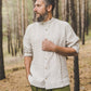 ŪKAS regular fit band collar men's linen shirt in Natural White stripes