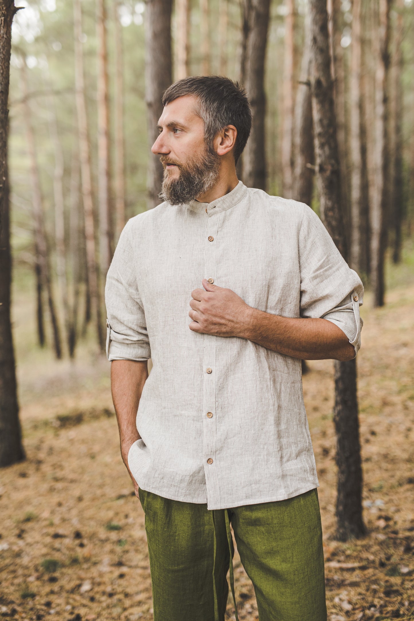 ŪKAS regular fit band collar men's linen shirt in Natural White stripes