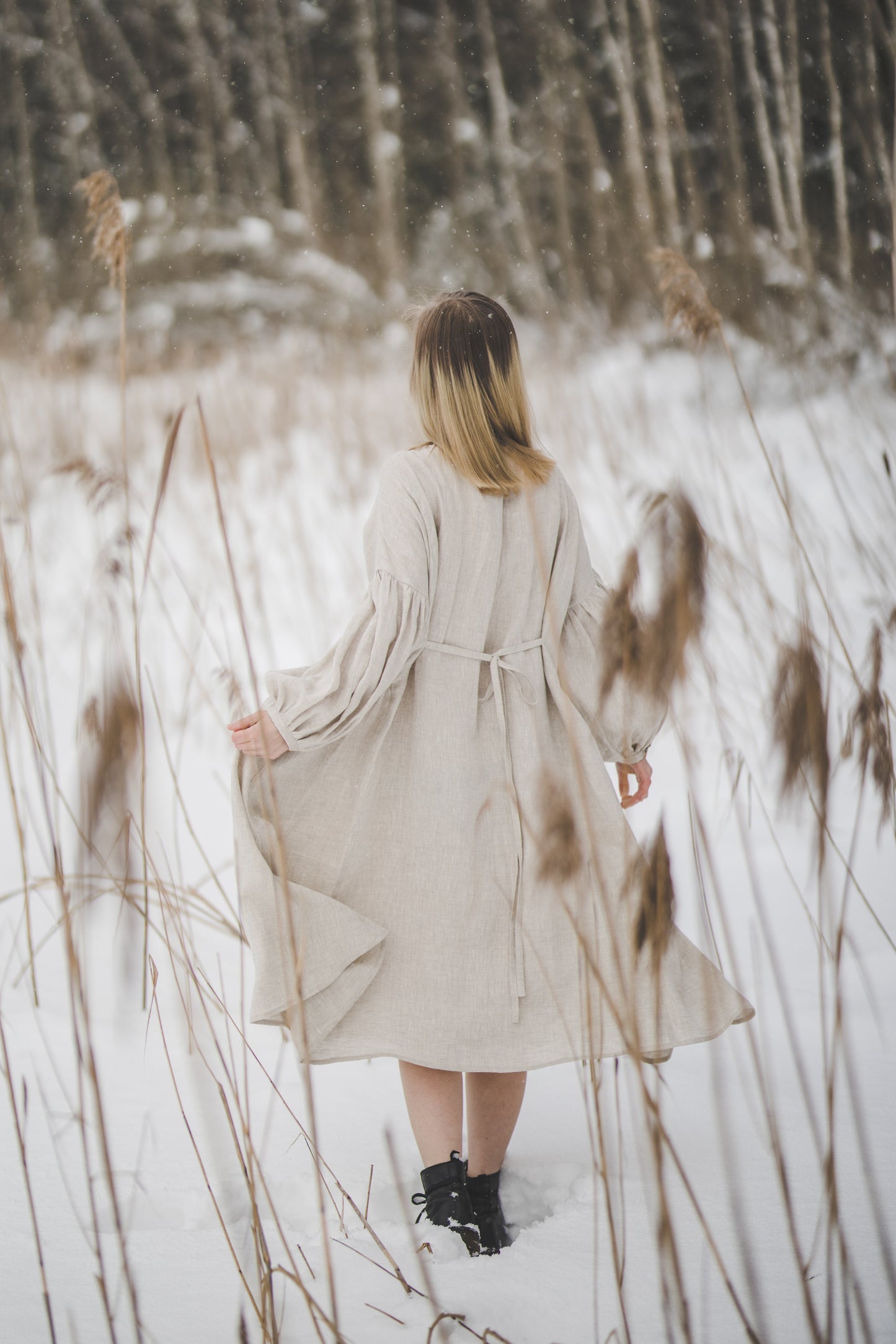 LAUME ruffled linen dress in Natural linen color